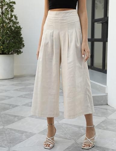 Gihuo Women' s Culottes Linen Blend Wide Leg Pants Elastic Waist Casual Palazzo Trousers with Pockets Capris thumbnail 2