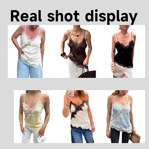 Women Lace Trim Satin Tank Top V Neck Silk Camisole Tops Asymmetrical Backless Spaghetti Strap Tank Shirts Date Outfits thumbnail 5