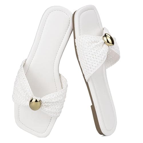 Merking Women's Flats Sandals Raffia Woven Knot Slide Sandal Square Open Toe Summer Casual Shoes for Daily Vacation Beach thumbnail 4