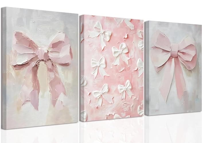 Pink Bow Canvas Wall Art Set of 3 Coquette Oil Painting Cute Bow Posters Wall Decor Trendy Preppy Print Picture for Back to School Bedroom Bathroom College Dorm 12x16 In Framed - Image 1