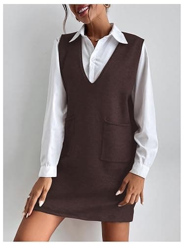 OYOANGLE Women's V Neck Sleeveless Knitted Solid Short Sweater Dress with Pockets thumbnail 4