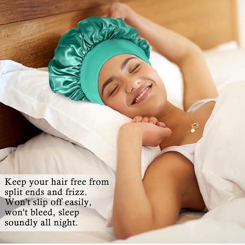 4Pcs Satin Bonnet Silk Bonnet, Hair Bonnet for Sleeping, Elastic Wide Band Silk Sleep Cap, Shower Cap Soft and Breathable (Green Series) thumbnail 2