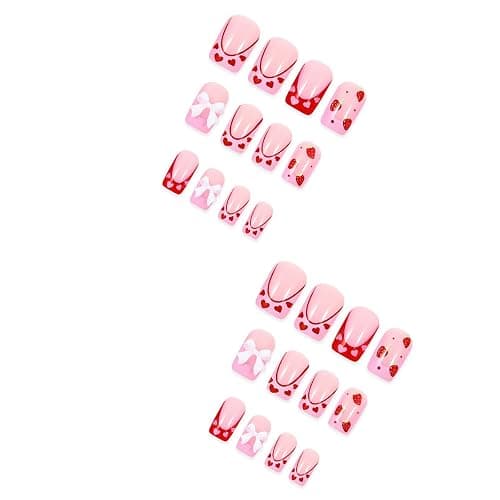 24Pcs Strawberry French Tips Press on Nails Medium Square with Bow-knot Rhinestones Design Strawberry Acrylic Coffin Reusable Fake Nails for Women Girls Fingernails Decoration thumbnail 4