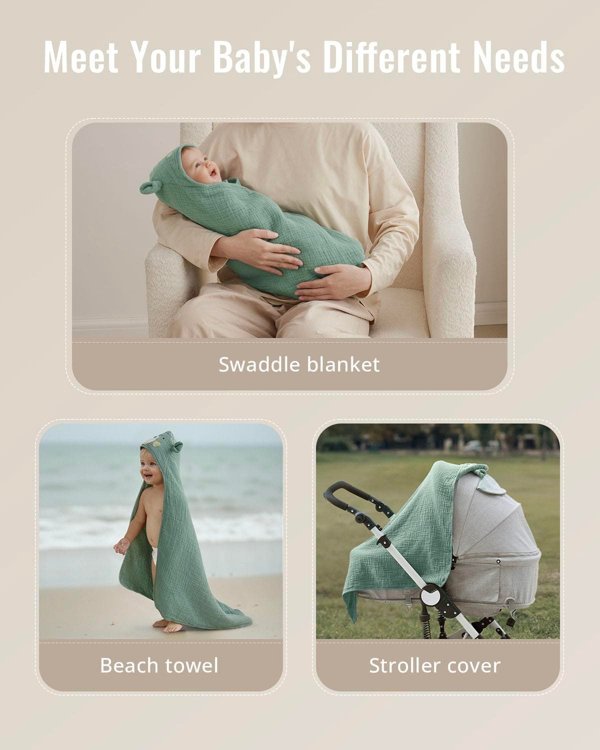 Blissful Diary Muslin Baby Hooded Towel 2 Pack, Soft & Absorbent Bath Towel for Infant, Toddler, Unisex, Baby Gift, Newborn Essentials, Bear & Duck thumbnail 6