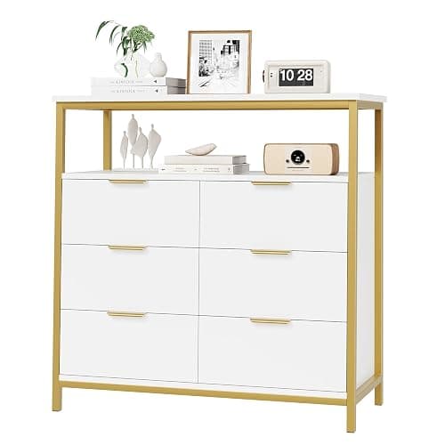FACBOTALL Modern White Dresser, 6 Drawer Dresser with Shelf, Wood Chest of Drawers with Sturdy Steel Frame, Large Capacity 6 Drawer Chest or Living Room Home - Image 1