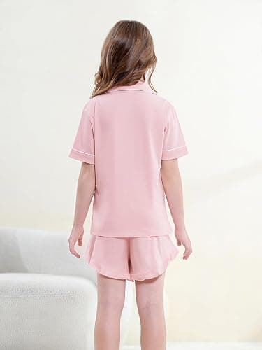 QZH.DUAO Girls & Women Pajama Sets 100% Cotton Sleepwear Button Down Short Sleeve With Ruffle Shorts PJS 5 Years-Large thumbnail 6