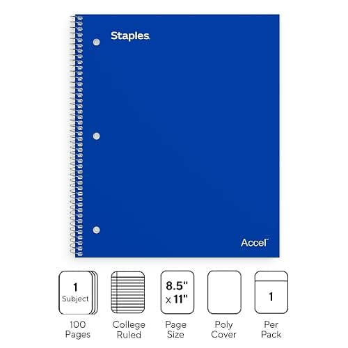 Staples Accel 1-Subject Notebook, 8.5x11 Inch, College Ruled, Blue | 100 sheets for school, office, and everyday note-taking and writing. thumbnail 3