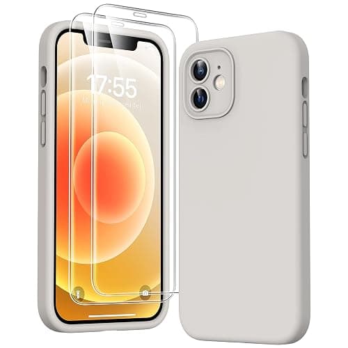 HATOSHI for iPhone 12 Case, [Upgraded Camera Protection] Liquid Silicone Phone Case with 2 Screen Protectors, Soft Anti-Scratch Microfiber Lining Shockproof Phone Cover, 6.1 inch, Stone - Image 1