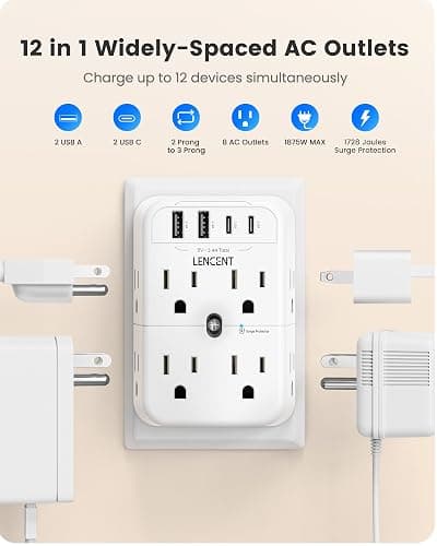LENCENT 2 Prong Power Strip, 3 to 2 Prong Outlet Adapter, 2 Type C&2 USB, Surge Protector, Polarized Plug, 3-Sided Wide Spaced Extender, Wall Tap Splitter for Non-Grounded Outlets in Old House - with Surge Protector thumbnail 4