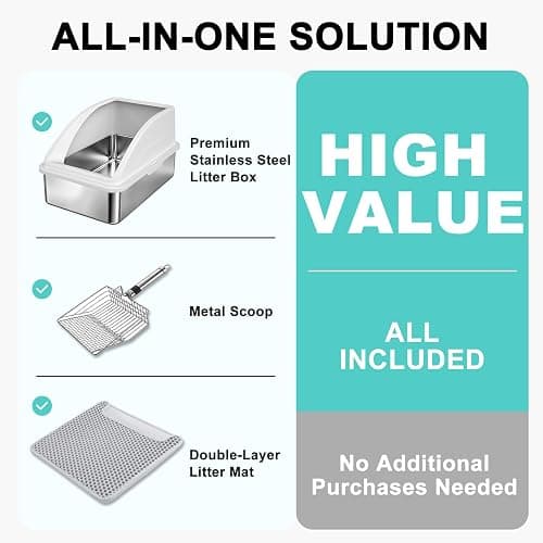 Stainless Steel Litter Box | XL Enclosed Cat Litter Boxes with Lid for Big Cats | High Sided, Anti-Urine Leakage | Non-Stick Bottom & Includes Litter Mat & Metal Scoop thumbnail 2