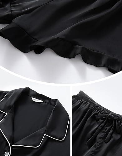 SAPJON Silk Pajamas for Women Set 4Pcs Ruffled Satin Pajamas Set Button Down Short Sleeve Cami Shorts Sleepwear Pj Set thumbnail 7