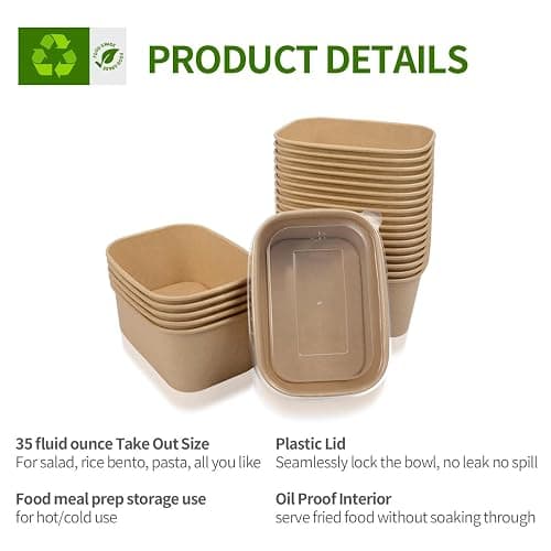 AICHEF 50 Pack 35 oz Paper Food Containers with Lids, Microwavable and Freezer Use Paper Meal Prep Containers Disposable Food Prep and Take Out Food Containers, 50 Bowls 50 Lids thumbnail 4