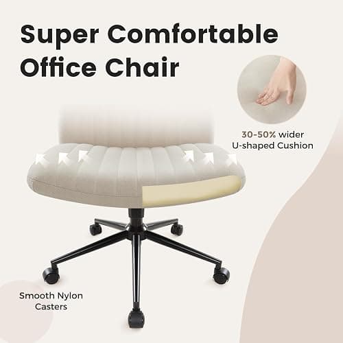 IWMH Armless Office Chair, Desk Chairs with Wheels,Ergonomic Criss Cross Legged Chair with Fabric Padded,Height Adjustable Wide Seat Computer Chairs,Mid-Back Swivel Vanity chair for Home Office(Beige) - Beige With Wheels thumbnail 7