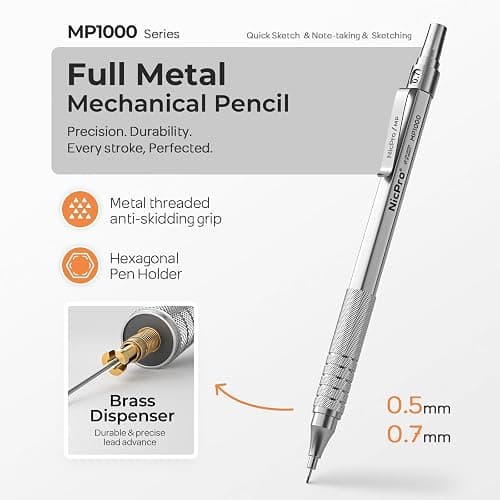 Nicpro 2 PCS Mechanical Pencil 0.5mm & 0.7 mm with Case, MP1000 Metal Artist Pencil Set with 6 Tubes HB Lead Refills, 3 Erasers, 9 Eraser Refills For Art Writing Drafting, Drawing, Sketch, Silver thumbnail 4