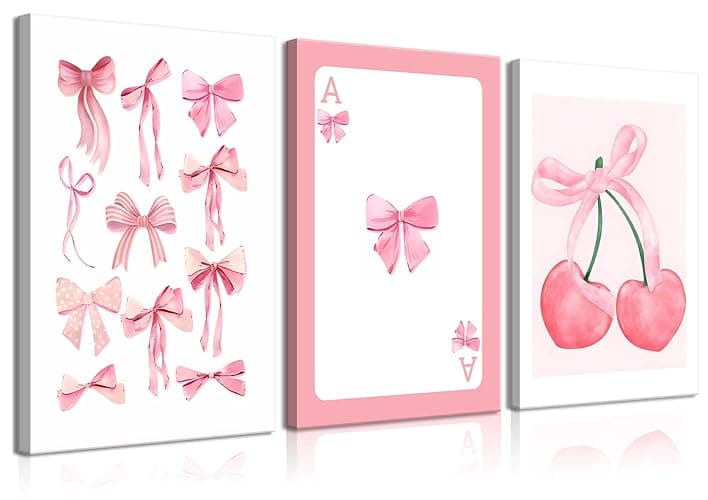3Pcs Trendy Pink Bows Canvas Wall Art Preppy Watercolor Bows Wall Decor Pictures Girly Coquette Room Decor Aesthetic Posters Prints for College Apartment Bedroom Decoration 16x24in - Image 1