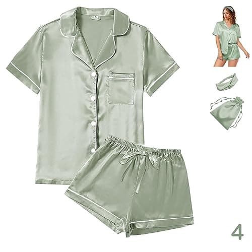 4Pcs Womens Satin Silky Pajama Sets Short Sleeve Shirt XS-4XL Floral Pajamas Set Soft PJ Loungewear Sleepwear - X-Small - Sage-w
