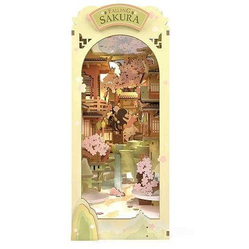 Rowood Book Nook Kits for Adults,3D Wooden Puzzle Bookend,Bookshelf Decor Insert Alley,DIY Miniature Booknook Model Craft Kits for Adults,Gifts with LED on Birthday Christmas(Falling Sakura) thumbnail 9
