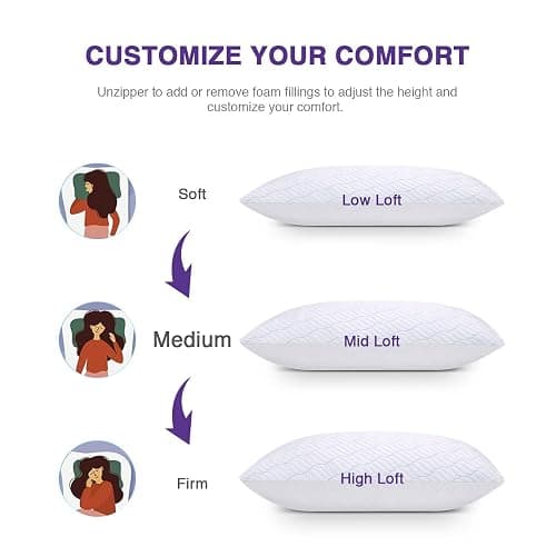 WISHSMILE Cooling Pillows Queen Size Set of 2, Memory Foam Pillows with Zipper, Adjustable Firmness for Sleeping Cool Cold Pillow to Hot, Side, Back and Stomach Sleepers, 2 Pack, 20x30 thumbnail 4