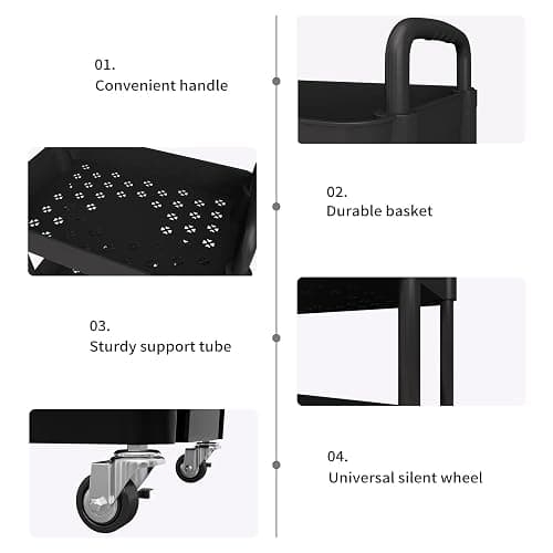 UDEAR 3-Tier Kitchen Rolling Utility Cart,Multifunction Storage Organizer with Handle and 2 Lockable Wheels for Kitchen,Bathroom,Living Room,Office,Black thumbnail 7