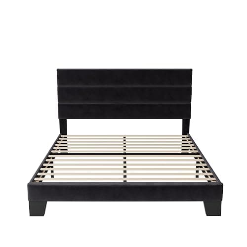 Allewie Queen Size Platform Bed Frame with Velvet Upholstered Headboard and Wooden Slats Support, Fully Upholstered Mattress Foundation/No Box Spring Needed/Easy Assembly, Black thumbnail 8