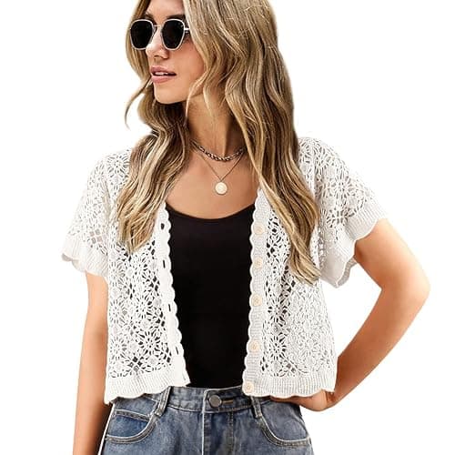 DRESSHAPE Women Cardigan Hollow Out Floral Cardigans White Crochet Shrugs - Image 1