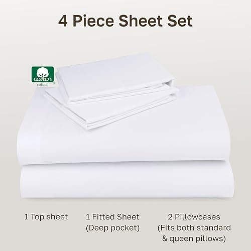 California Design Den Queen Sheet Set - Natural 100% Cotton Sheets Queen Size Bed Set with Deep Pockets, Soft Sateen Weave, Breathable and Durable Bedding (White) thumbnail 4