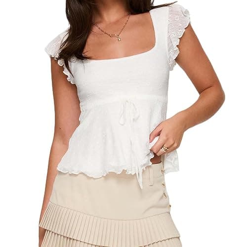 Women Y2k Lace Babydoll Top Square Neck Cap Sleeve Ruffle Peplum Tops Teen Girls Cute Floral Flowy Going Out Tops - Image 1