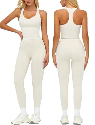 QBGJTD Womens Workout Set Two Piece Racerback Color Block Tank Top Matching High Waist Leggings Gym Pilates Outfits - Image 1