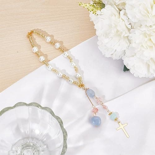 DELORIGIN Natural Jade Cross Car Hanging Ornament Rearview Mirror Accessories Glass Beaded Charms With Pearl Car Hanging Accessories Suncatcher for Car Rear View Mirror Window Balcony Keychain Decor thumbnail 4