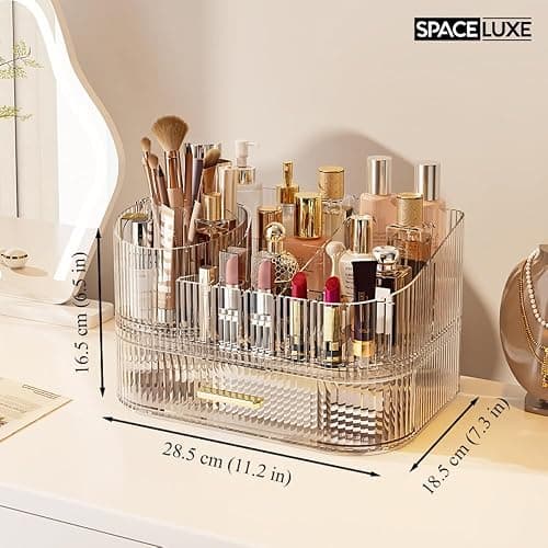 SpaceLuxe Makeup Organizer with Drawers and 360° Rotating Brush Holder, Large Capacity Cosmetic Storage for Vanity, Skincare, Perfume, Hair Accessories, Lipstick & Jewelry (Clear, 2-layer) thumbnail 2