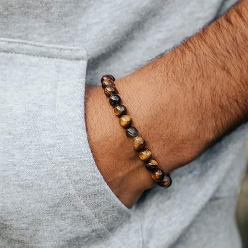 RANKEEF Tiger Eye Bracelet For Men 8MM Natural Stone Stretch Adjustable Black Crystal Beaded Bracelet for Men Women Gifts thumbnail 6