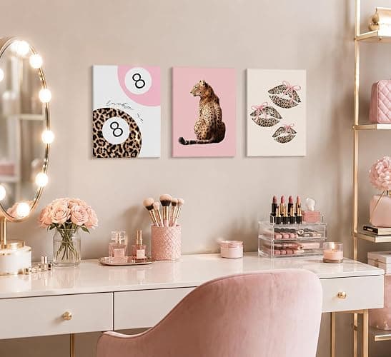 3pcs Pink Cheetah Wall Art Preppy Leopard Wall Decor 12x16in Framed | Leopard Bow Print Painting Lucky 8 Ball Poster Fashion Aesthetic Picture for Girly Bedroom Dorm Apartment thumbnail 4