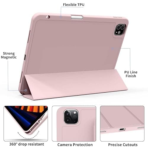 kenke Case for iPad Pro 11 Inch 4th/3rd/2nd Generation (2022/2021/2020) with Pencil Holder, Slim Trifold Smart Cover with Soft TPU Back, Support 2nd Gen Pencil Charging, Auto Sleep/Wake, Pink thumbnail 6