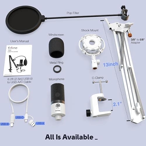FIFINE USB Recording Microphone Kit, Studio Condenser Microphone for Vocals Music Creation, Voice-Over, Singing with Metal Boom Arm, 16mm Diaphragm, Podcast Mic Set-T669 White thumbnail 6