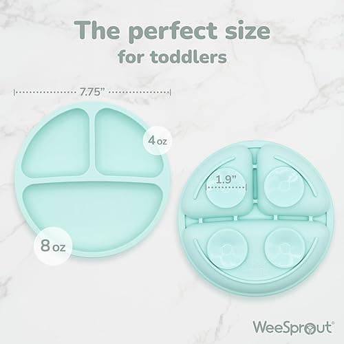 WeeSprout Suction Plates with Lids for Babies & Toddlers - 100% Silicone, Dinnerware Stays Put, Divided Design for Picky Eaters, Microwave & Dishwasher Friendly, 3 Pack - Matte Dark Grey, Blue & Green - With Lids thumbnail 2