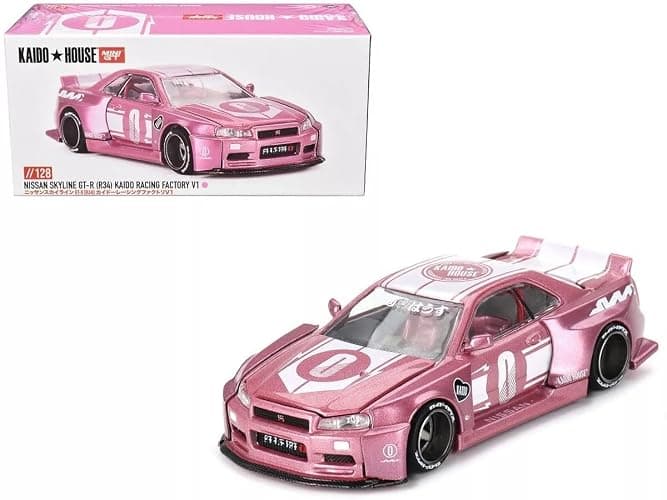 True Scale Miniatures Model Car Compatible with Nissan Skyline GT-R (R34) Kaido Racing Factory V1 Pink 1/64 Diecast Model Car Kaido House KHMG128 - Image 1
