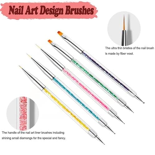 AIBEE Nail Art Brushes, 5pcs Double-Ended Acrylic Nail Brush Including 7/9/11mm Nail Liner Brush Flat Brushes and Nail Dotting Tools for Nail Art Design thumbnail 4