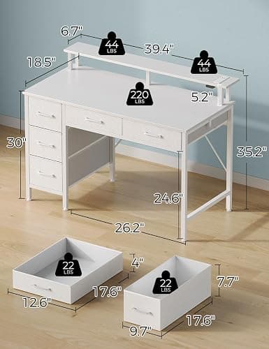 Seventable Computer Desk with Power Outlets & LED Light, 39 inch Home Office Desk with 5 Drawers, Writing Desk with Monitor Stand, Work Desk for Home Office, White thumbnail 3