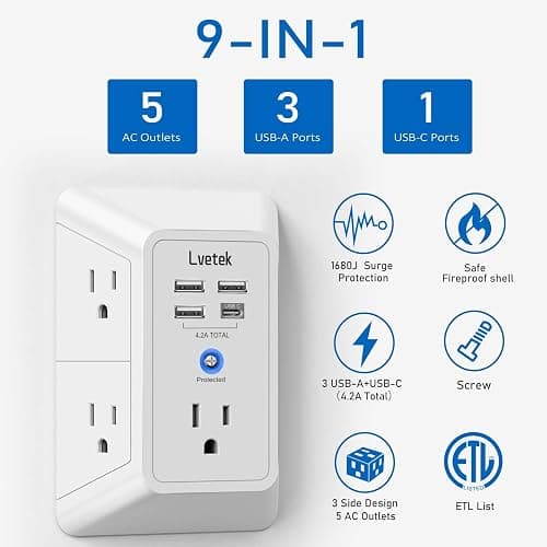 5 Outlet Extender Multi Plug Wall Outlets with 4 USB Charging Ports (1 USB C Outlet), 3 Sided 1680J Surge Protector Power Strip USB Wall Charger for Home, Office, Travel, ETL Listed, White thumbnail 4