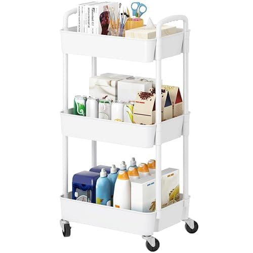 Laiensia 3-Tier Rolling Cart with Wheels,Multifunction Utility Storage Carts, Kitchen Storage Organizer,Mobile Shelving Unit for Bathroom,Laundry,with Classified Stickers,White - Image 1