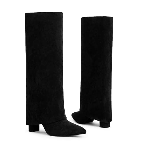 Modatope Knee High Boots Women Fold Over Knee High Boots Chunky High Heels Long Boots Zipper Pointed Toe Dress Tall Boots for Women thumbnail 3