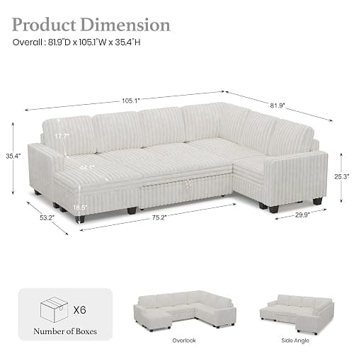 Belffin Corduroy Sleeper Sofa Bed with Storage Chaise Modular Sectional Sofa Couch with Pull Out Bed L Shaped Sectional Couches for Living Room White Couch thumbnail 2