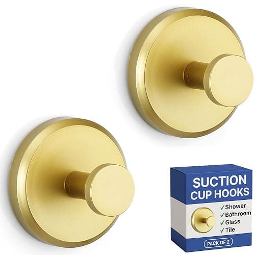 HOME SO Suction Cup Hooks for Shower, Bathroom, Kitchen, Glass Door, Mirror, Tile – Loofah, Towel, Coat, Bath Robe Hook Holder for Hanging up to 15 lbs – Waterproof, Matte Brushed Satin Gold (2-Pack) - Image 1