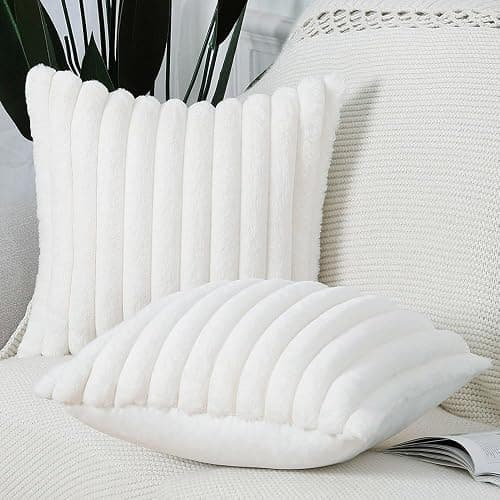 MADIZZ Set of 2 Faux Wool Plush Decorative Throw Pillow Covers 18x18 Inch Cream Fluffy Striped Soft Decorative Cushion Cover for Sofa Bedroom Pillow Shell thumbnail 3