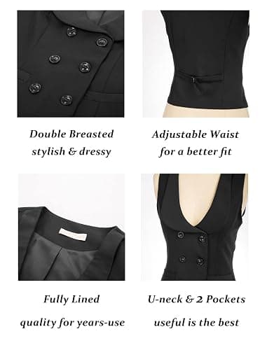 Belle Poque Women Double Breasted Waistcoat Vintage Lapel Collar Vest Coat with 2 Pockets thumbnail 3