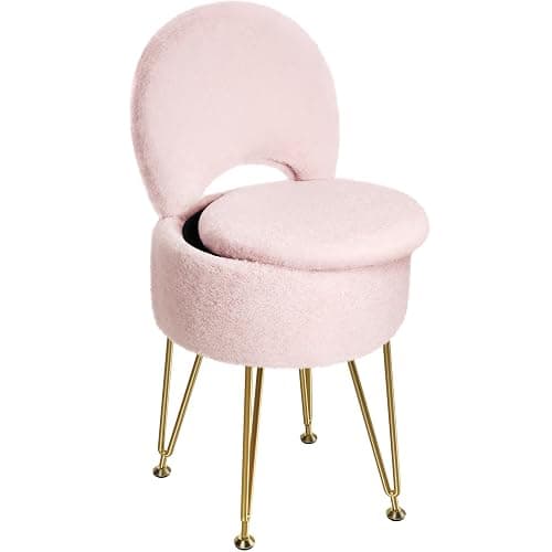 GREENSTELL Small Vanity Stool Chair with Storage and Folding Back, 13" x 13" x 17.7" Faux Fur Soft Ottoman for Teenager, 4 Metal Legs with Anti-Slip Feet, Furry Padded Seat for Makeup, Bedroom, Pink - Image 1