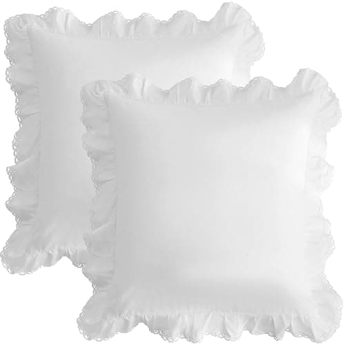 Vlocemon 100% Lightweight Cotton Ruffled Throw Plillow Shams, Euro Size 26" × 26", Crochet Edge Lace Square Cushion Cover, Throw Pillow Covers, Set of 2, for Bed, Sofa, Couch (White, 26" × 26") - Image 1