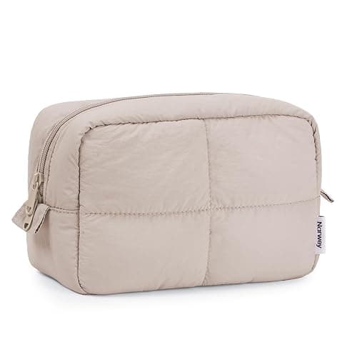 Narwey Puffy Makeup Bag for Travel Women Girl, Quilted Makeup Bag Cosmetic Bag, Cute Puffer Make Up Organizer Bags, Travel Toiletry Bag Toiletries (Khaki) - Image 1