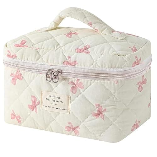AMULOKRU Quilted Makeup Bag, Large Makeup Bag, Cute Cosmetic Bag for Women Girls, Floral Coquette Aesthetic Travel Toiletry Make Up Organizer Bag-White Bow - Image 1