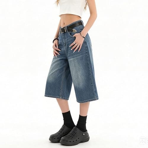 Chmnigma Jorts Women Baggy Jean Shorts Wide Leg Long Denim Shorts Unisex | Baggy Capris,Loose Denim jort,High Rise,Summer Streetwear,Oversized Jeans,Classic 4 Pockets,Casual Outfits thumbnail 4